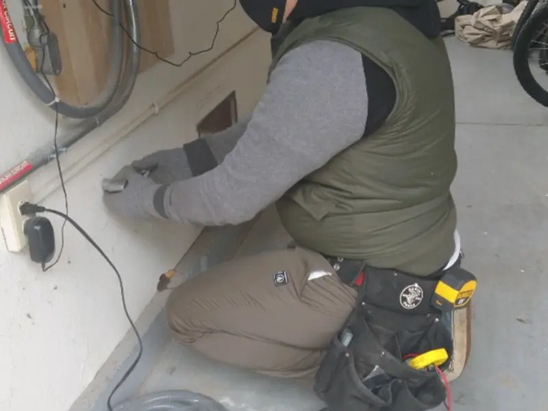 Electrician performing outlet wiring in a Parlier garage